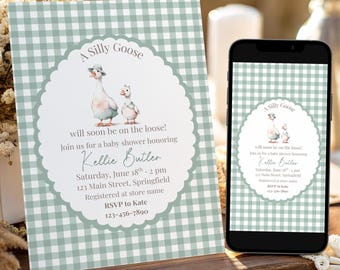 Invito per baby shower a quadretti verdi con motivo "Silly Goose", modificabile, stampabile, neutro, per feste di benvenuto, download digitale immediato da Canva.