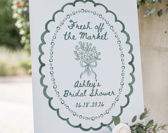 Frisch aus dem Markt Brautdusche Schild Vorlage, Salbei Grün Hand gezeichnet Doodle Hochzeitsdusche Zeichen Bearbeitbare Canva Vorlage Bachelorette Zeichen