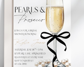 Pearls and Prosecco Bridal Shower Invitation With Black Bow Template, Pearls and Prosecco Invites,  Canva Template, Digital Invitation