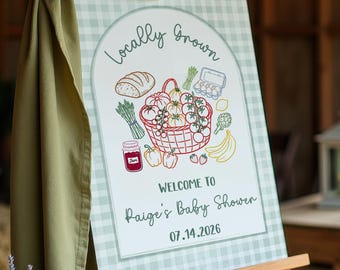 Sage Baby Shower Schild Vorlage, bearbeitbar lokal gewachsen Baby Shower Willkommensschild, grüner Gingham handgezeichneter Bauernmarkt, geschlechtsneutral