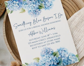 Invito per addio al nubilato con tema ortensie, modello modificabile e stampabile "Something Blue Before I Do" per brunch, download digitale immediato da Canva.