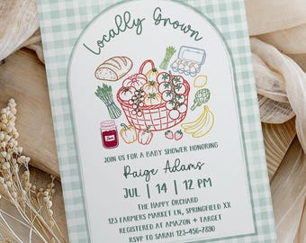 Lokal gewachsene Babypartyeinladung, bearbeitbare salbeigrüne Gingham-Hand gezeichneter Bauernmarkt laden ein, geschlechtsneutral, digitale Canva-Vorlage