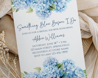 Invito per addio al nubilato con tema ortensie, modificabile e stampabile, "Something Blue Before I Do", per brunch, Canva, download digitale immediato.