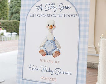 Dumme Gans Babyparty Willkommensschild Vorlage, bearbeitbares blaues Gingham-Babypartyschild, eine kleine verrückte Gans Willkommen Poster Gans Babyparty