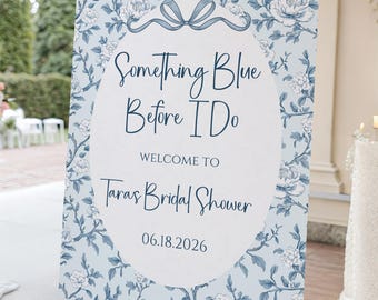 "Something Blue Before I Do" - Modello di cartello di benvenuto per addio al nubilato, poster modificabile con fiocco in stile Chinoiserie Dusty Toile, download digitale immediato.