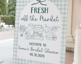 Frisch aus dem Markt Brautparty Willkommensschild Vorlage, Salbeigrünes Gingham-Bauernmarkt-Hochzeitsduschenschild mit Hand gezeichneten Gekritzeln
