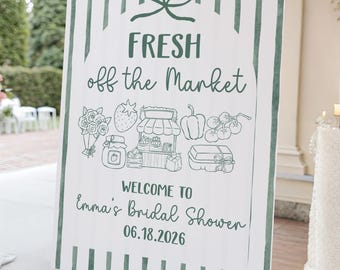 Frisch aus dem Markt Brautparty Willkommensschild Vorlage, Bauernmarkt Hochzeit Dusche Schild mit Hand gezeichnet Doodles