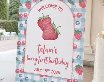 Letrero de fresa y arándano para el primer cumpleaños, Letrero editable de bayas para el primer cumpleaños de niña, Fondo de cuadros vichy para el primer cumpleaños de niña, Descarga digital