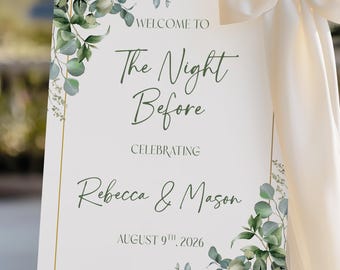Die Nacht vor der Hochzeit Probe Abendessen Willkommen Schild Vorlage, bearbeitbare druckbare Salbei Grün Boho Eukalyptus Poster Canva Digital Download