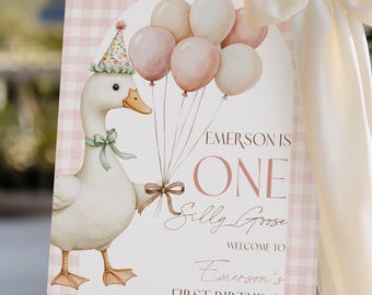 One Silly Goose Birthday Welcome Sign, Pink Gingham Girl Goose 1st Birthday Party Decor, Vintage Goose First Birthday, Editable Template