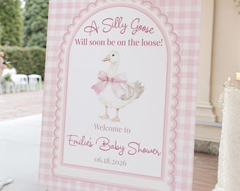Dumme Gans Babyparty Willkommensschild Vorlage, Rosa Gingham Bearbeitbares Babypartyschild, Eine kleine Dumme Gans Willkommen Poster Gans Babyparty