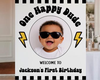One Happy Dude Birthday Willkommensschild mit Bild, personalisiertes Fotoschild zum 1. Geburtstag für Jungen, One Cool Dude Geburtstagsschild, Canva Template