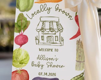 Lokal gewachsene Babyparty-Willkommensschild-Vorlage, bearbeitbares Sage-Grün-Willkommensplakat, handgezeichneter Bauernmarkt, geschlechtsneutrales Baby-Streuseln