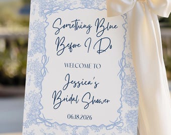 Etwas Blaues vor der Hochzeit Hortensien Brautparty Schild Vorlage, Brautparty Willkommensschild, Toile De Jouy Chinoiserie, Canva Download