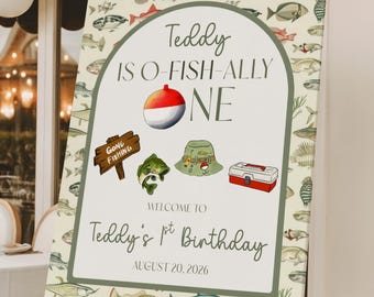 O Fish Ally One Geburtstagsschild-Vorlage, bearbeitbar Ofishally One Birthday Willkommensschild, Junge 1. Geburtstag Angeln Geburtstagsparty Decorr