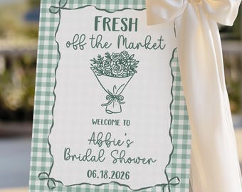 Frisch vom Markt Brautdusche Willkommensschild-Vorlage, bearbeitbares druckbares grünes Gingham-Blumen-Brunch-Poster, Canva Digital Download