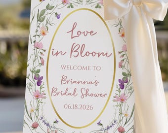 Liebe ist in Blüte Brautparty Schild Vorlage, Wildblumen Liebe in Blüte Willkommensschild, aus dem Markt, anpassbare Canva Vorlage