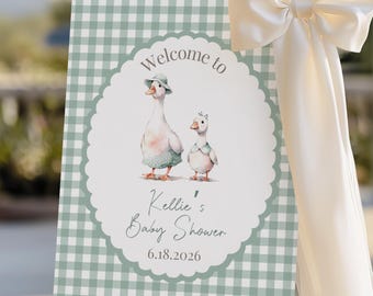 Modello di cartello di benvenuto per baby shower a quadretti verdi con motivo "Silly Goose", poster modificabile "A Little Is Almost Loose" neutro per genere, scaricabile