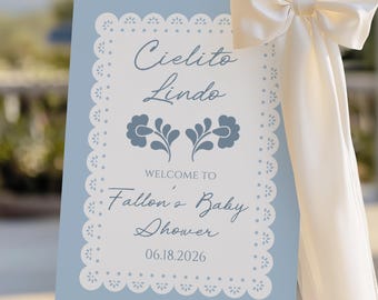 Modello di cartello di benvenuto per baby shower Cielito Lindo, poster stampabile modificabile Papel Picado Talavera Blue Boy Sprinkle, download digitale istantaneo