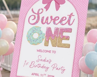Bewerkbare sjabloon Sweet One verjaardag welkomstbord, aanpasbare roze pastel snoep eerste 1e meisje poster, Canva instant digitale download