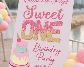 Willkommensschild-Vorlage für den ersten Geburtstag eines Mädchens, bearbeitbare und druckbare Partydekoration, sofortiger digitaler Download für Canva