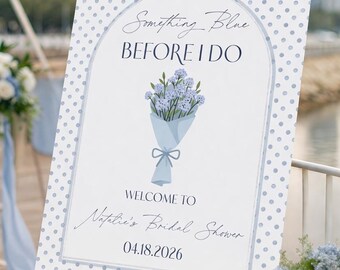 結婚式前に何か青いものを用意しよう ブライダルシャワー ウェルカムサイン テンプレート、編集可能なダスティ ポルカドット ウィムジ フローラル アジサイ ポスター、デジタルダウンロード