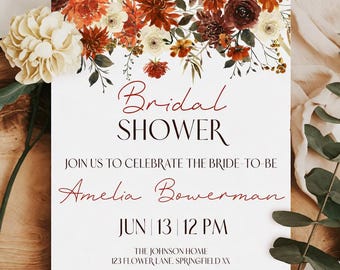 Love is in Bloom Bridal Shower Invitation Template, Editable Printable Fall Boho Floral Terracotta Sage Invites, Canva Digital Download
