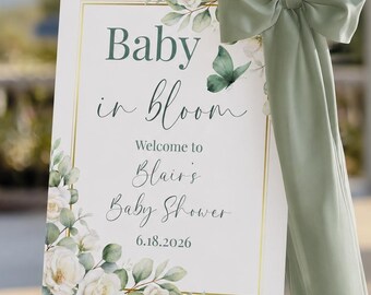 Baby in Bloom Baby Shower Welcome Sign Template, Editable Printable Sage Green Gold Gender Neutral Sprinkle Poster, Instant Digital Download