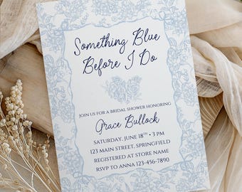 Invito per addio al nubilato "Something Blue Before I Do", modello modificabile e stampabile in stile Toile de Jouy Chinoiserie, download immediato.