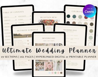 Wedding Planner Template, Minimalist Hyperlinked 161 Page Printable Wedding Day Binder, Editable in Canva, Instant Digital Download