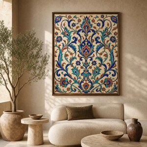 May include: A rectangular wall art piece featuring a symmetrical floral pattern with intricate scrolling vines in shades of deep blue, turquoise, and burnt orange against a cream background, enclosed within a simple dark brown wooden frame.