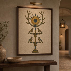 May include: A framed wall art piece featuring a vertical mosaic-style design on a beige textured background. The artwork depicts a central pillar with four birds perched on branches, topped by a sunburst motif and two large deer antlers.