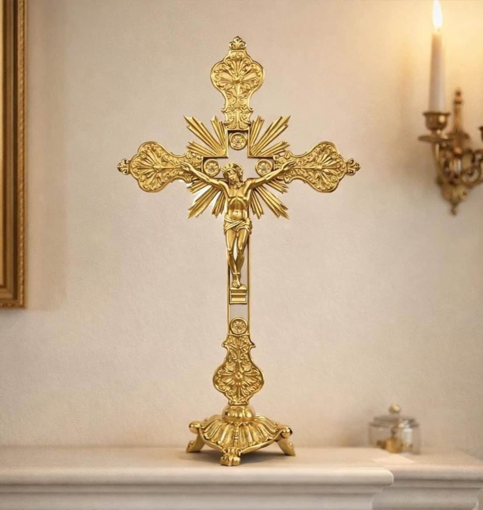 Premium Gold-Plated Orthodox Altar Crucifix with Intricate Detailing - Standing Cross for Church Services & Devotional Use
