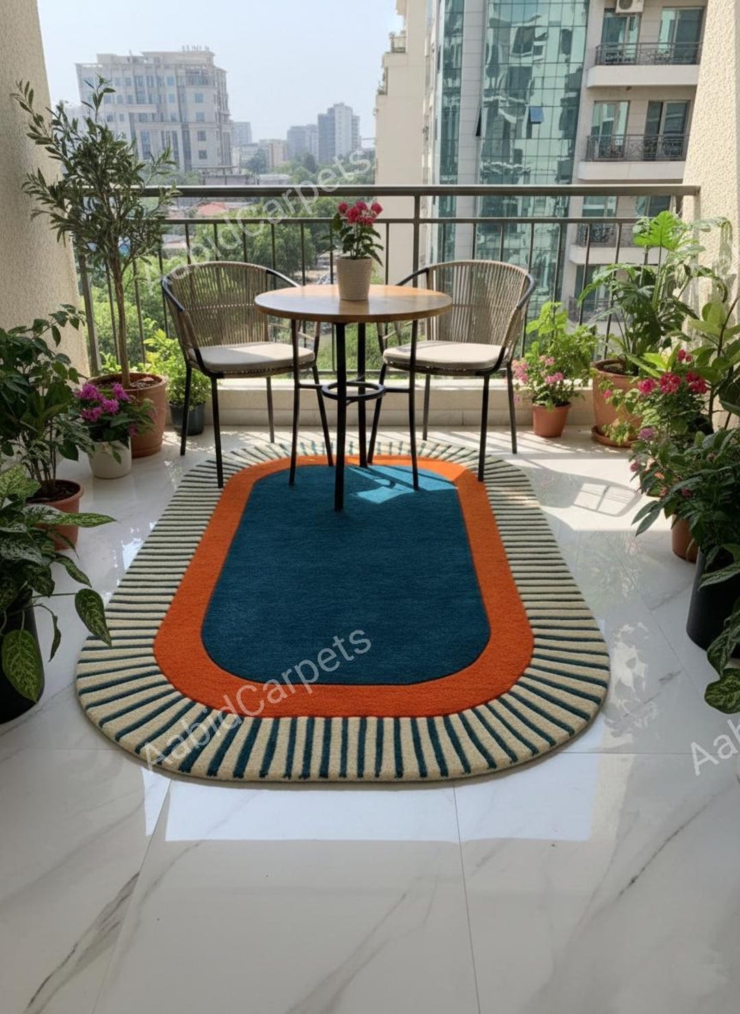 Hand..tufted Wool Oval Rug | Blue & Rust Geometric Design - Etsy