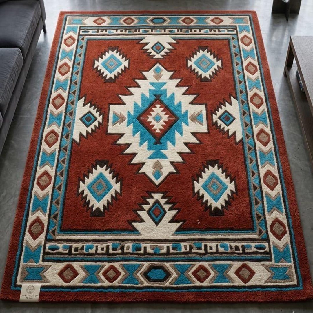 Hand Tufted Wool Rug Red Blue | Southwestern Aztec Rugs | Boho ...