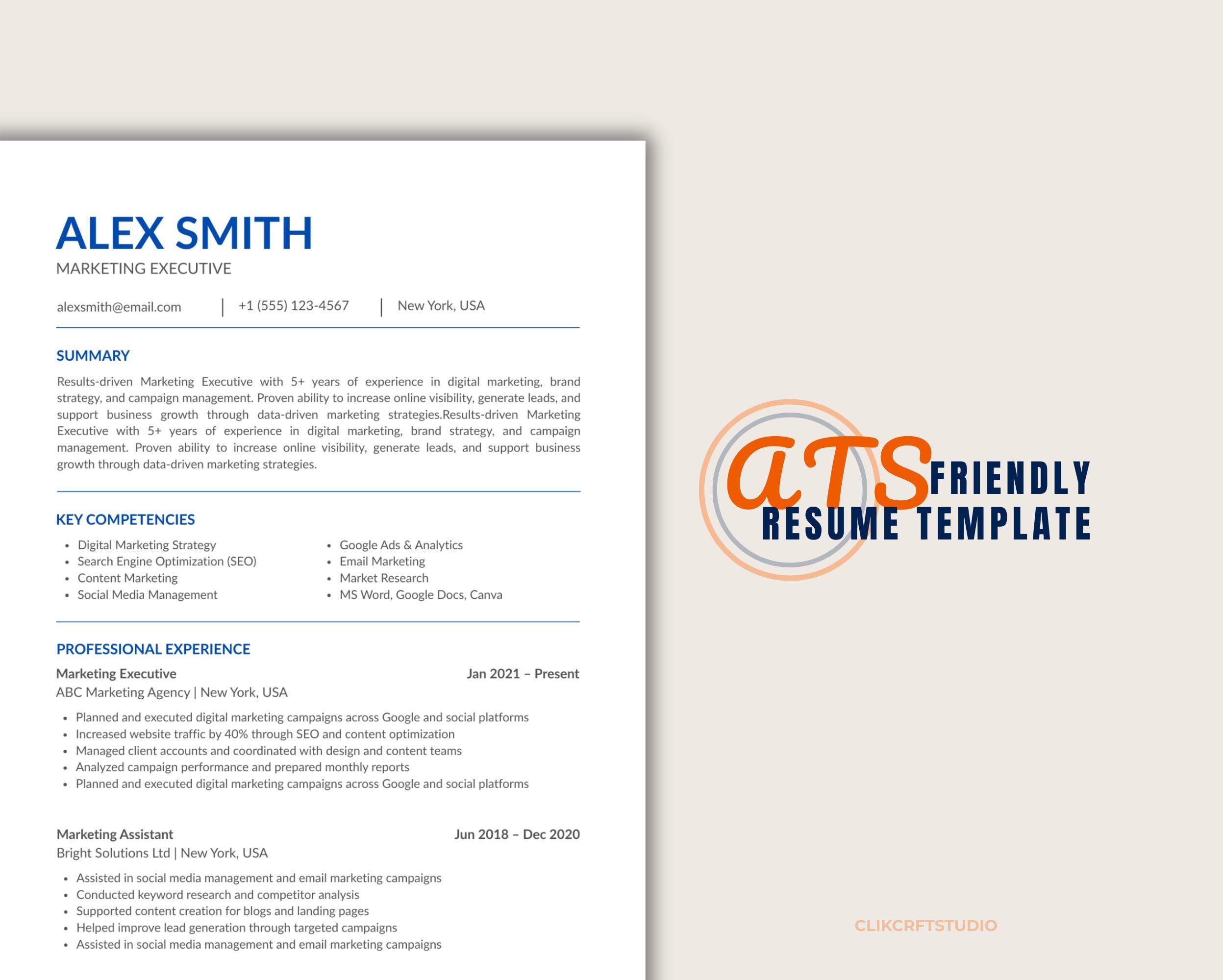 ATS Friendly Resume Template | Minimalist Canva CV (word, Google Docs ...