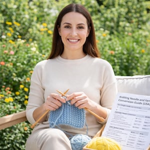 May include: A woman smiles while knitting with light blue yarn and wooden needles. A partially completed knitted swatch is visible, along with a ball of blue yarn and a knitting conversion guide. The background features lush greenery.