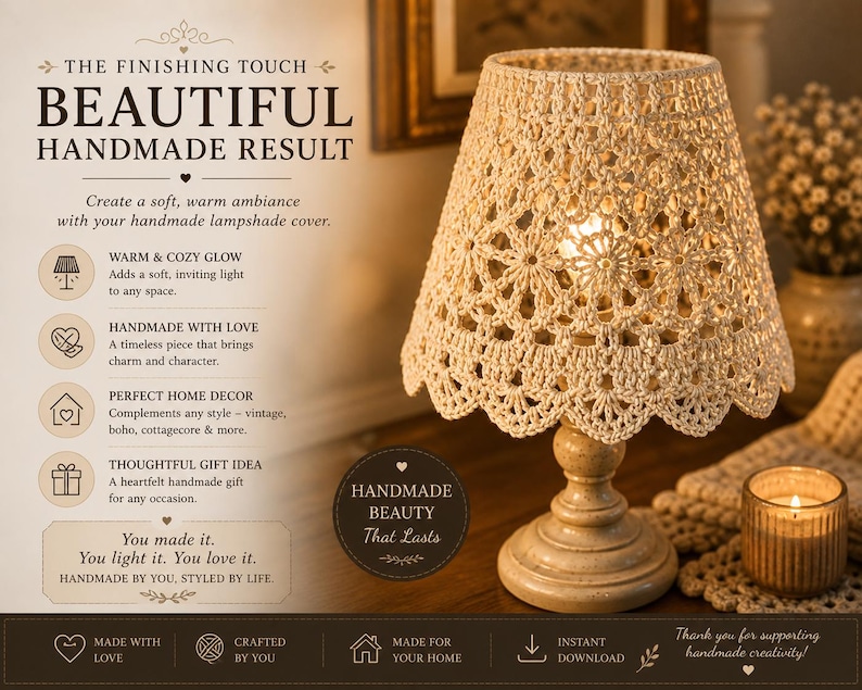 Pu&ograve; includere: Paralume all'uncinetto beige fatto a mano, con motivo floreale e bordo smerlato, su base chiara. L'immagine include il testo "BEAUTIFUL HANDMADE RESULT".