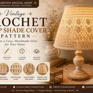May include: A vintage crochet lamp shade cover pattern is displayed, featuring a cream-colored, handmade lamp with a detailed, openwork design. The image includes text indicating it's a beginner-friendly project, with step-by-step instructions and a photo guide. The text also says "Create a Cozy, Handmade Glow for Your Home."