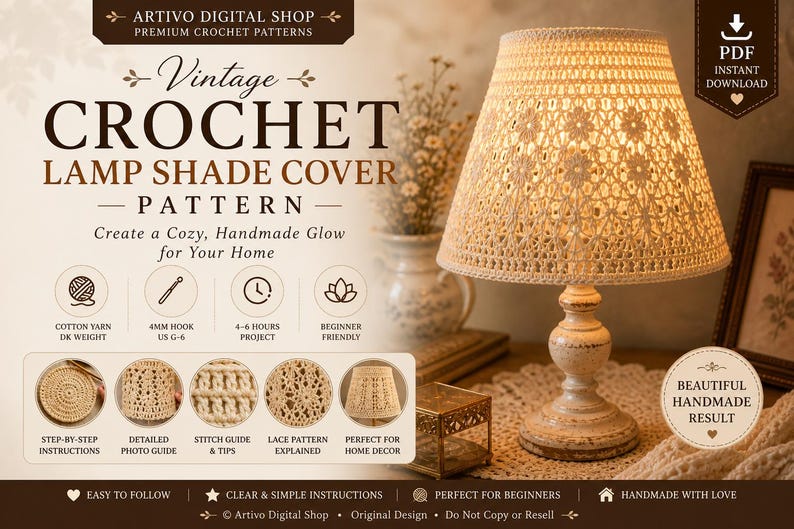 Pu&ograve; includere: Viene presentato un modello all'uncinetto vintage per paralume. La lampada color crema fatta a mano presenta un design traforato dettagliato. Il testo indica che si tratta di un progetto per principianti, con istruzioni passo passo e una guida fotografica. Il testo dice anche: "Crea un bagliore accogliente e fatto a mano per la tua casa."