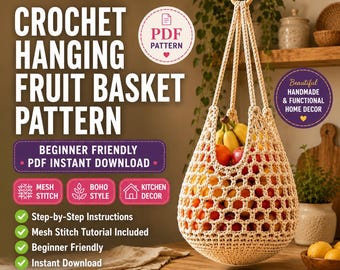 Schema PDF per cestino di frutta all'uncinetto / Porta frutta sospeso in stile boho / Decorazione per la cucina per principianti / Contenitore in stile rustico - Download immediato
