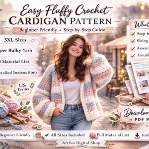May include: An advertisement for an Easy Fluffy Crochet Cardigan Pattern. The image features a woman wearing a chunky, striped cardigan in white, pink, and blue. The pattern includes XS-3XL sizes and is beginner-friendly.