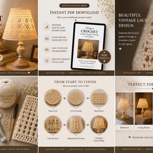 Pu&ograve; includere: Viene presentato un modello vintage all'uncinetto per coprire paralumi, con un paralume finito e materiali come filato di cotone e un uncinetto da 4 mm. Il design presenta un delicato motivo floreale in pizzo, perfetto per un'atmosfera accogliente.