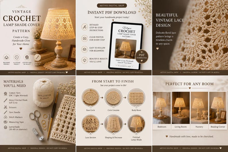 Pu&ograve; includere: Viene presentato un modello vintage all'uncinetto per coprire paralumi, con un paralume finito e materiali come filato di cotone e un uncinetto da 4 mm. Il design presenta un delicato motivo floreale in pizzo, perfetto per un'atmosfera accogliente.