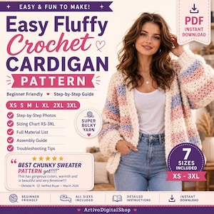 May include: A digital PDF crochet pattern for an easy fluffy cardigan. The text reads Easy Fluffy Crochet Cardigan Pattern, Beginner Friendly, Step-by-Step Guide, and 7 Sizes Included XS-3XL. It features a striped cardigan in cream, pink, and blue.