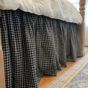 Black Check Ruffle Linen Cotton Bed Skirt, Farmhouse Dust Ruffle, Cottagecore Bedskirt, Custom Bed Skirt