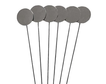 Silver Tone Stick Pins with Stoppers, Set of 6 Pieces, 15mm Round Mount Space, B'sue Boutiques, Item04536