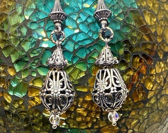Handmade Antique Dangle Drop Earrings, Antique Silver, Fish Hook Ear Wires, Filigree Drops, 2 Inches Long, B'sue Boutiques, Item08285