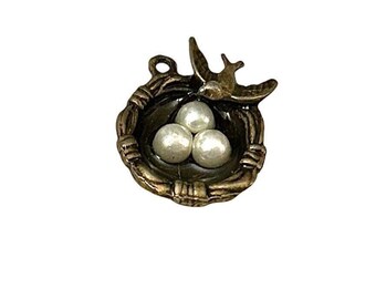 Birds Nest Charm, Antique Bronze, Faux Pearl, 18mm, B'sue Boutiques, Item03320