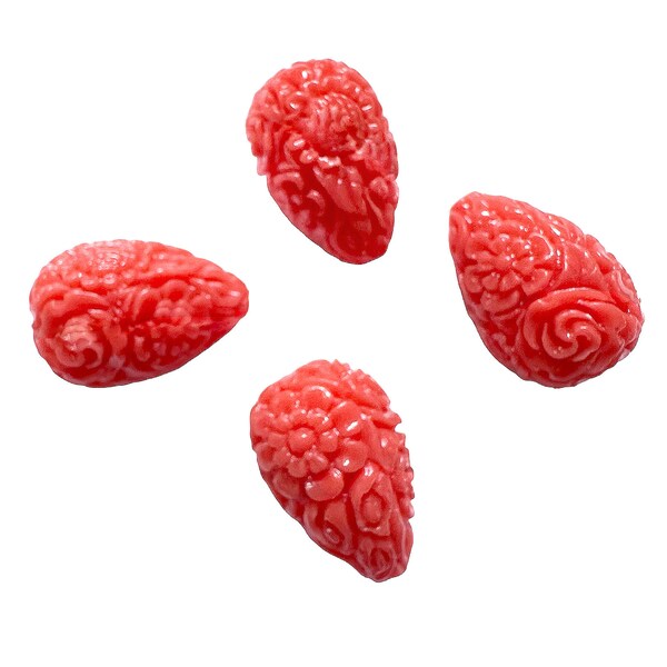 Carved Floral Beads, Deep Coral Color, Teardrop bead, 21 x 14mm, Set of Four Pieces, B’sue Boutiques, Item05004